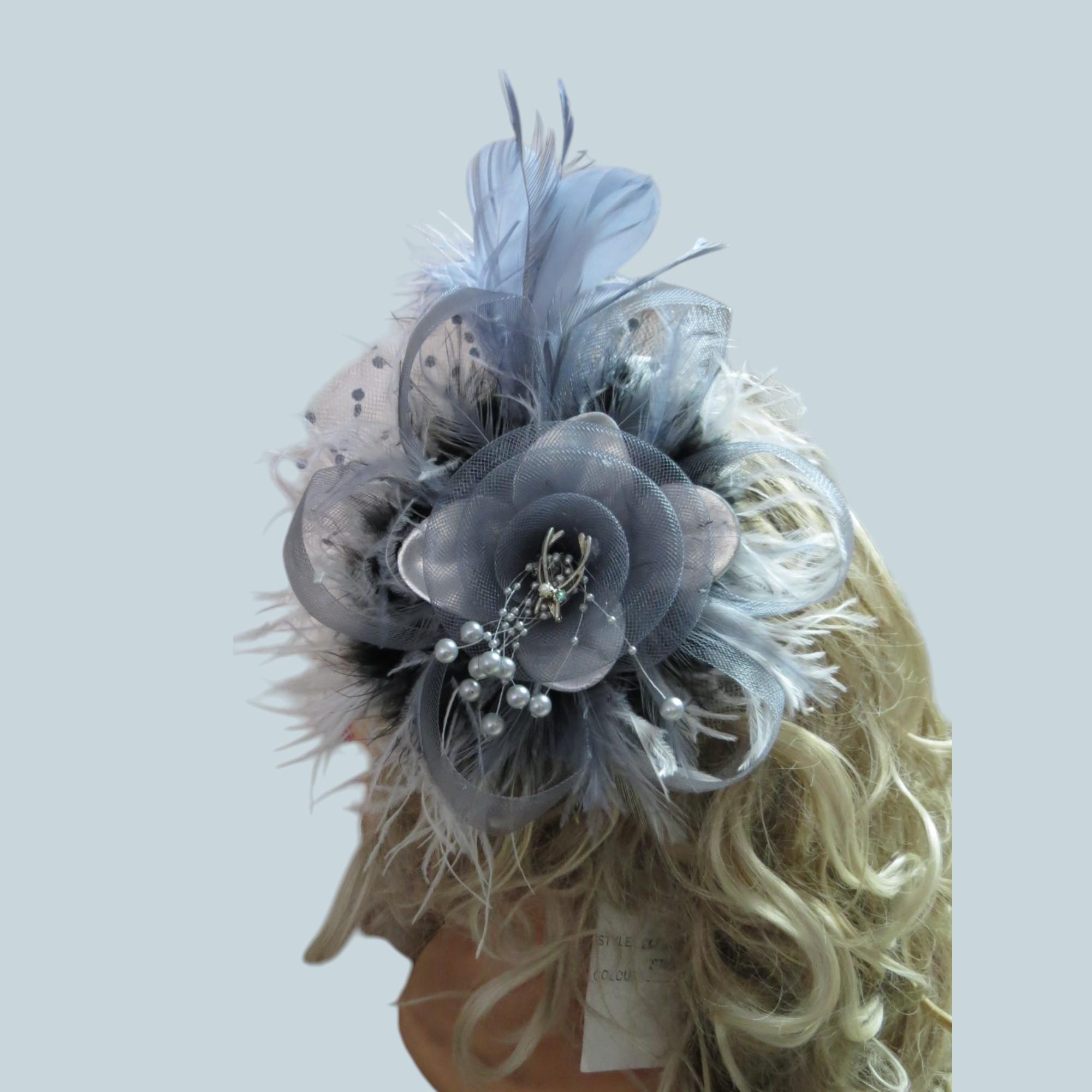 Fascinator Hat, Silver & white, Ostrich Feathers  Kentucky Derby, Tea Party Hat, Wedding Church Bridal, Easter, Headband or clip,