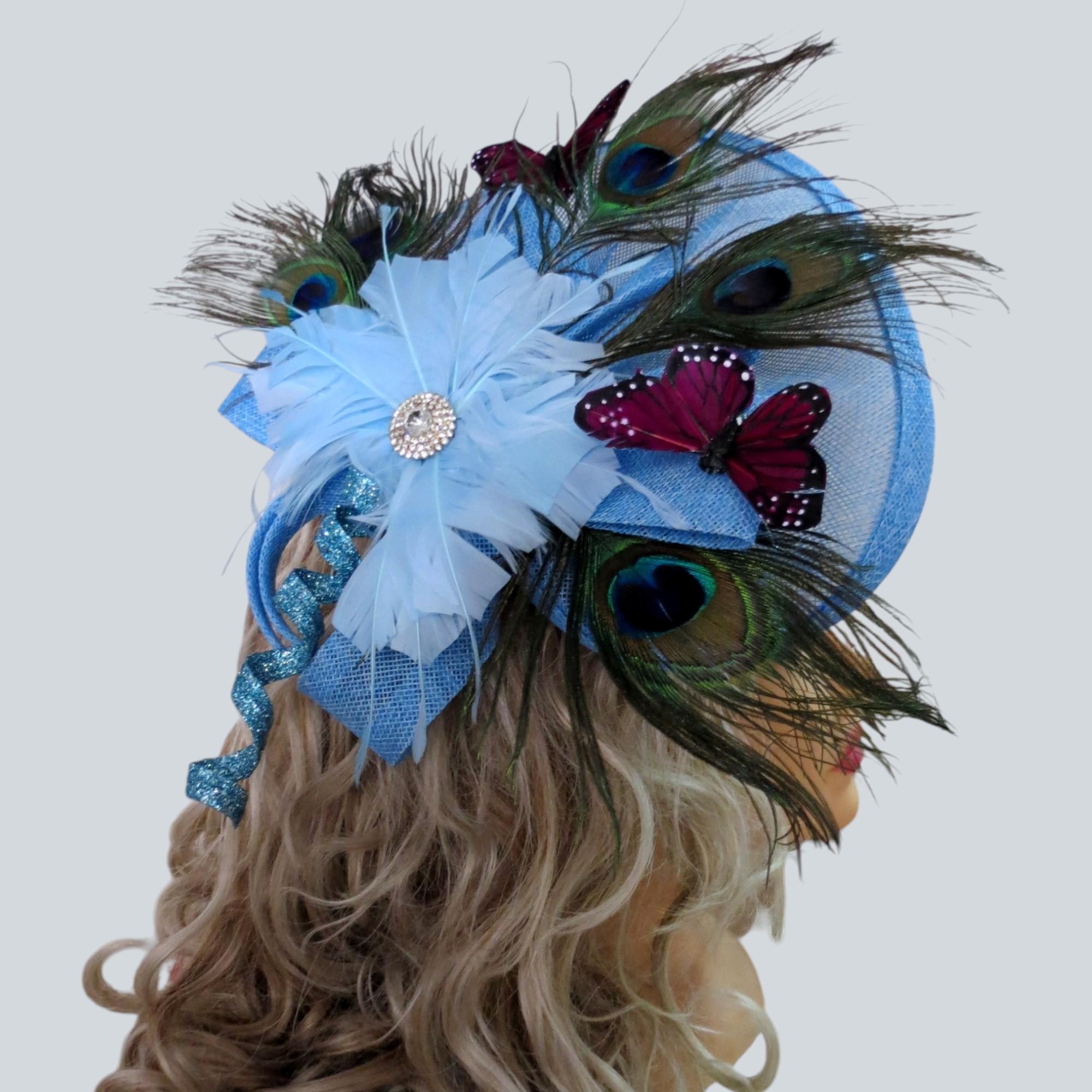 VTG Remade Blue Peacock Derby Hat Feather Rhinestone Wide Brim Church Festival Dark Blue Navy Yellow Peacock Feather Flower Wide Brim  main image 3