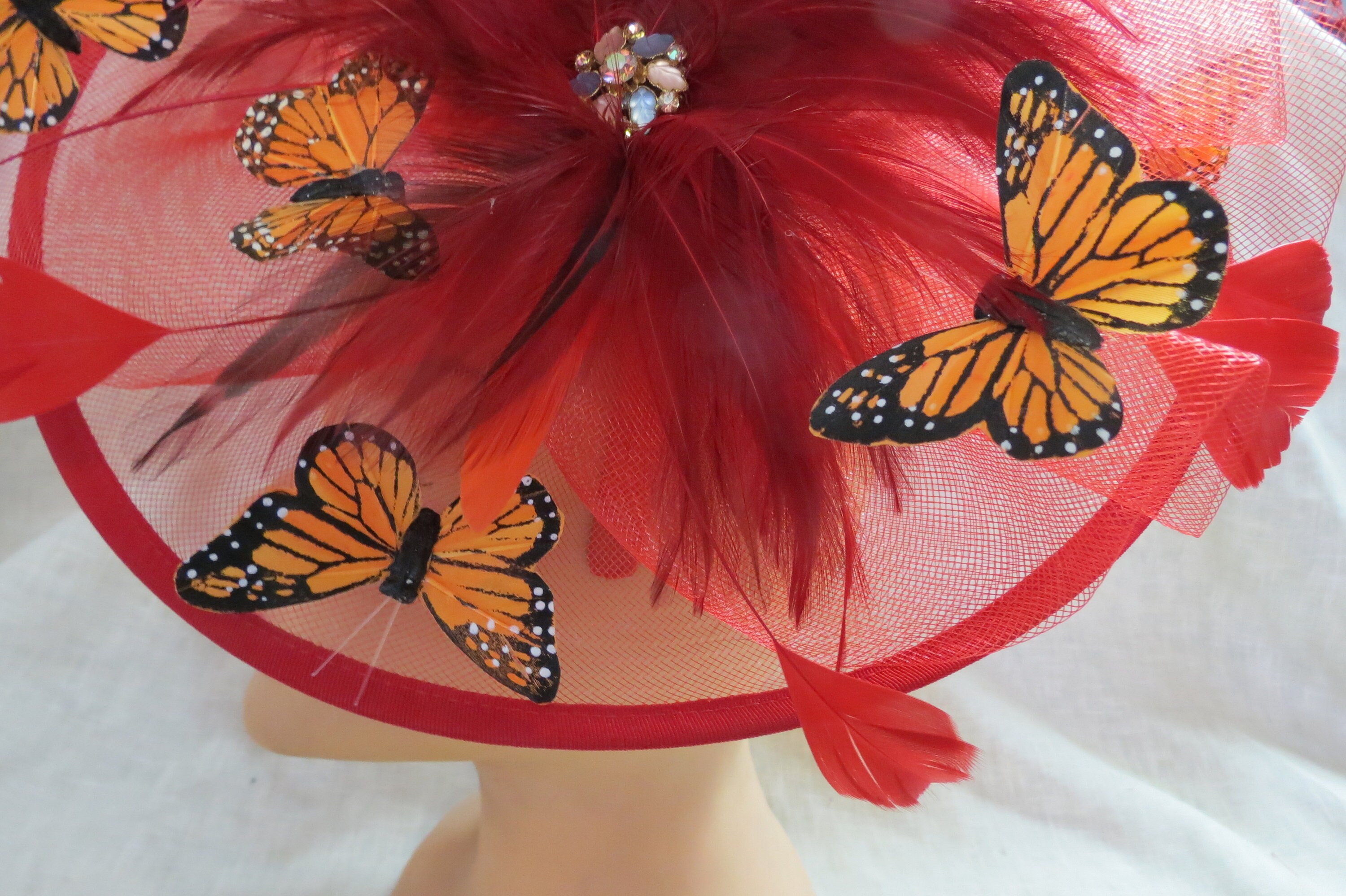 Red Fascinator Hat, Butterflies & Feathers Kentucky Derby  display picture 2