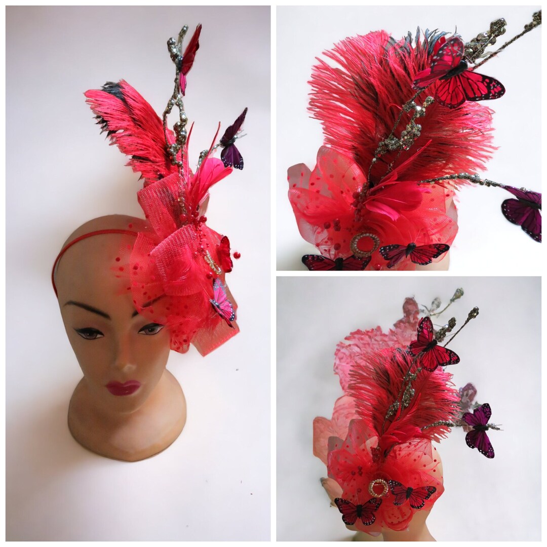 Red & Black Fascinator Hat, Butterflies, Feathers Kentucky Derby, Tea