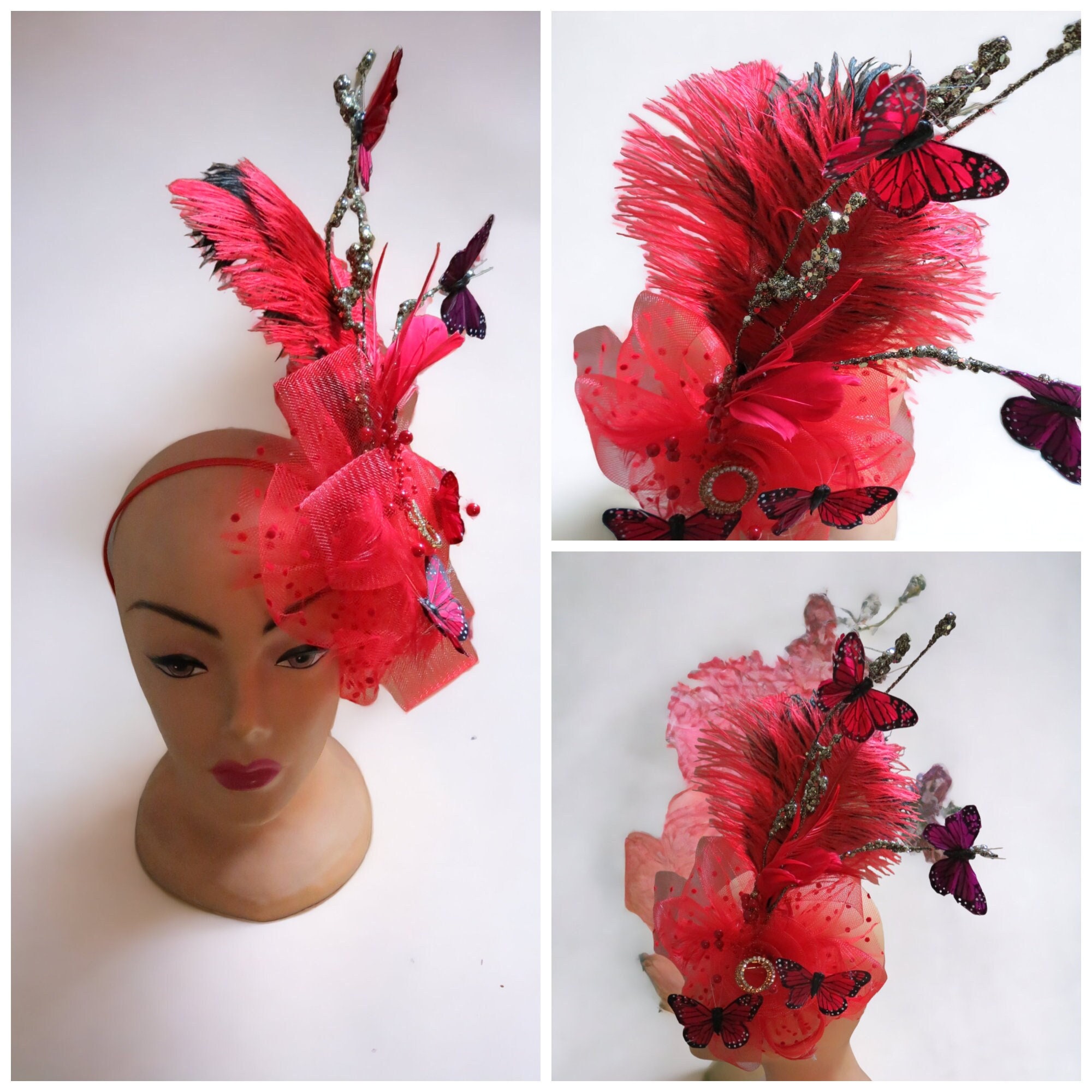 Red Butterfly Fascinator Hat, Kentucky Derby Feather  display picture 3