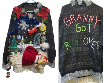 Hysterical 3-d Granny got Run Over by A Reindeer Tacky Ugly Christmas Sweater Sz  L,  Sweater,  Funny Sweater,