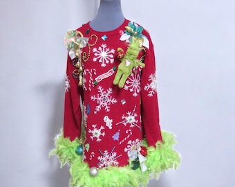 Wooza! Red Glam Sequined Tacky Ugly Christmas Sweater,  Sz Medium, Bedazzled Sweater, Mini Dress, Tunic Sweater  Feather Foo Foo snowflakes