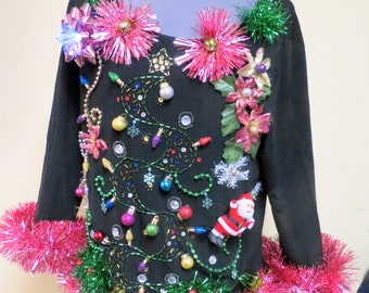 Bedazzled Glam Black Tacky Ugly Christmas Sweater Beaded Tree,  Womens Sz XL Sexy Sweater, Bright Colors