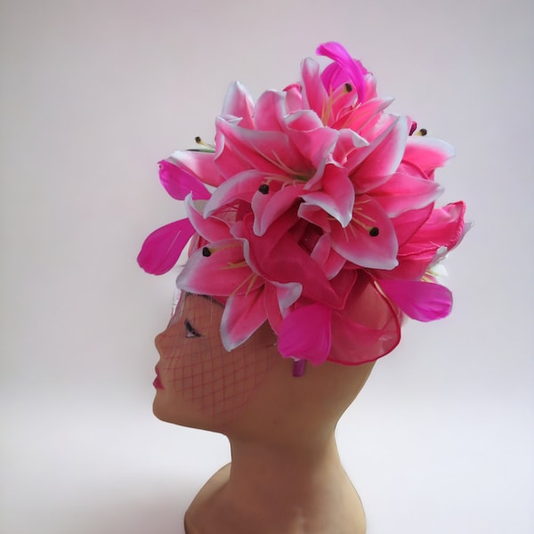 Fascinator Hat, Lillies  Hot Pink  Kentucky Derby, Tea Party Hat, Wedding Church Bridal, Easter, Headband or clip,