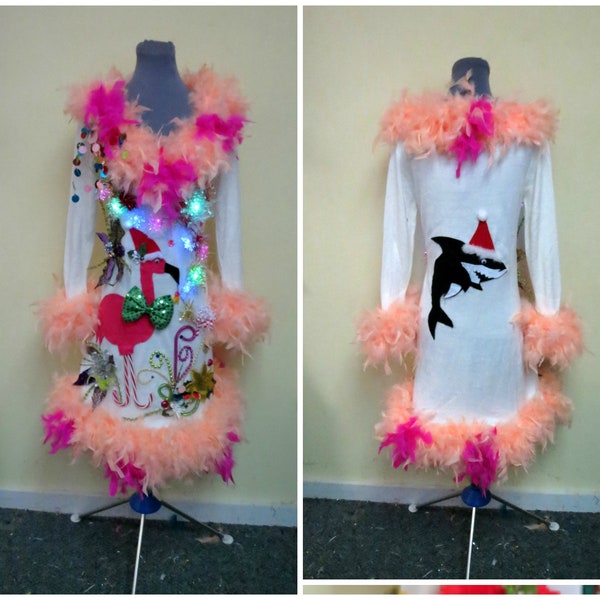 3-D Pink Flamingo Tacky Ugly Christmas Tropical Delight Sweater Sz S Small, Shark Light up sweater, Flamingo Christmas Sweater Dress, FooFoo