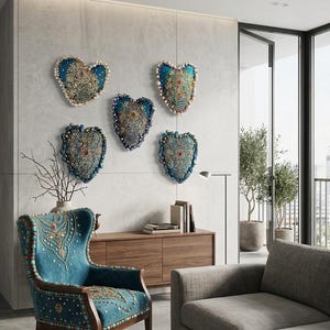 Op de afbeelding: Vijf hartvormige wanddecoraties van blauwe stof met ingewikkeld goudborduurwerk en parelaccenten, gecombineerd met een bijpassende blauwe fluwelen fauteuil met soortgelijk goudborduurwerk, parels en turkoois kraalversieringen.