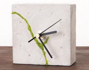 Square Concrete Desk Clock with Moss