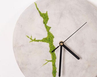 Large Round Concrete Wall Clock with Moss