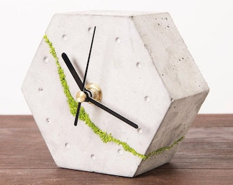 Hexagon Concrete Desk Clock with Moss