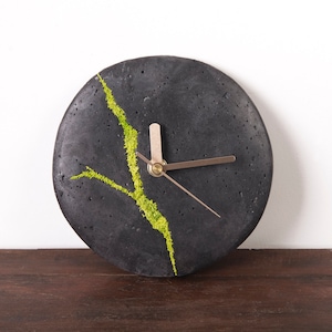 Small Concrete Wall Clock with Moss, Dark Gray Minimalist Clock, Handmade Modern Decor