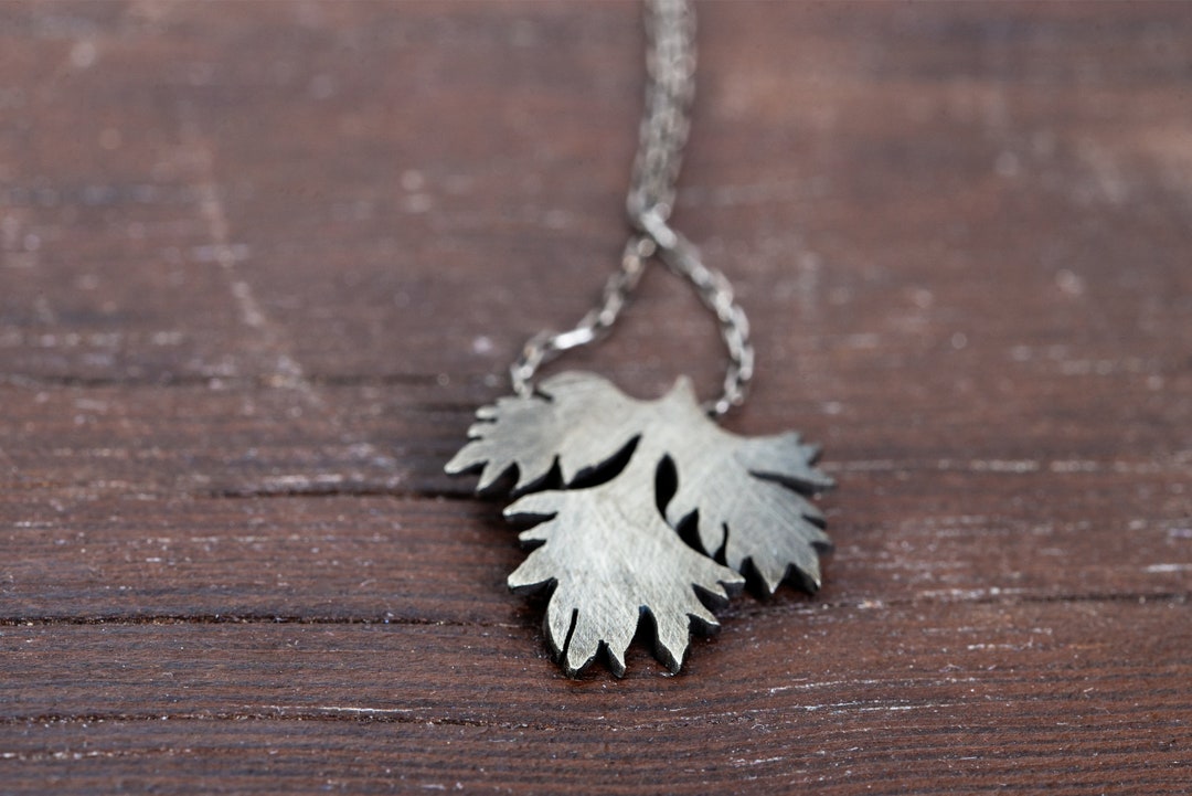 Dark Silver Parsley Leaf Necklace, Parsley Leaf Pendant, Minimalist