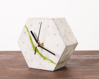 Minimalist, concrete desk clock with Scandinavian moss, Modern concrete clock, Hexagonal table clock, Home decoration