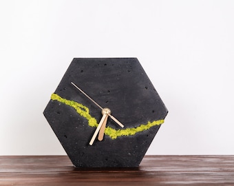 Minimalist, concrete desk / wall clock with Scandinavian moss, Modern concrete clock, Hexagonal table clock, Home decoration