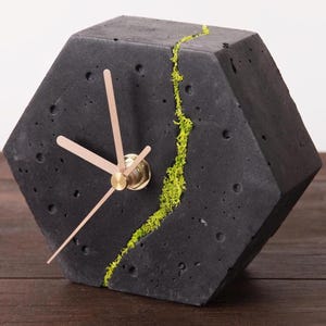 Black Hexagon Concrete Desk Clock with Moss