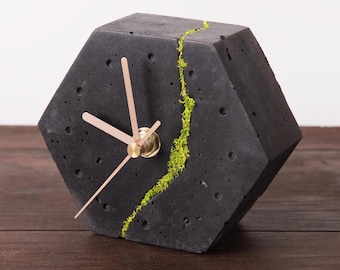 Black Hexagon Concrete Desk Clock with Moss