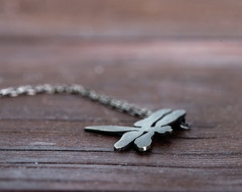 Dark silver dragonfly necklace, Dragonfly pendant on chain, Gift for her