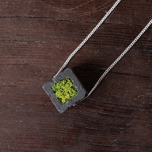 Scandinavian Moss Cube Pendant: Minimalist Concrete Necklace