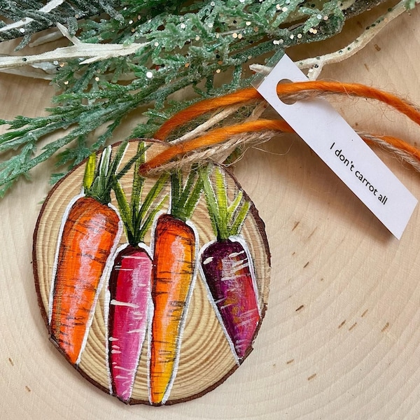 Hand painted Carrot Christmas Ornament, holiday decor, Christmas gift, rainbow carrot, tree decoration, homemade holiday, pun, vermont, farm