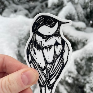 Block Print Chickadee Sticker: Waterproof Vinyl Decal (4x2”)