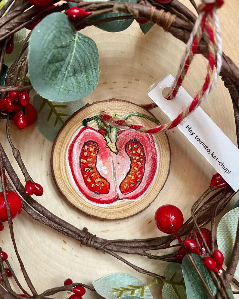 Hand painted Tomato Christmas Ornament, holdiay decor, Christmas gift, veggie, tree decoration, homemade holiday, veggie pun image 1