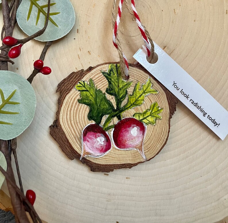 Hand painted Radish Christmas Ornament, holiday decor, Christmas gift, radishes, tree decoration, homemade holiday, pun, vermont, veggies image 6