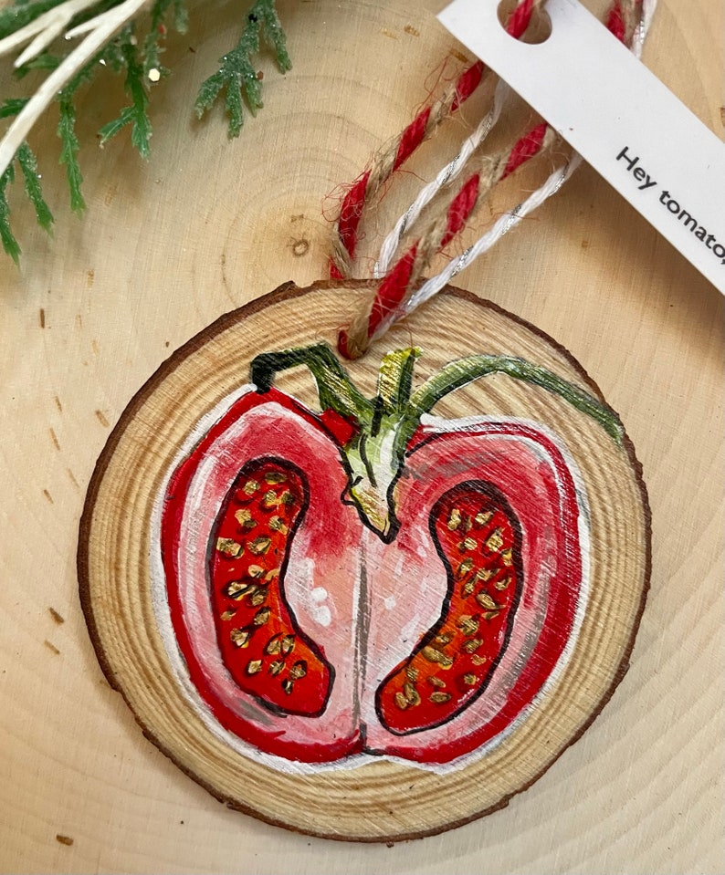 Hand painted Tomato Christmas Ornament, holdiay decor, Christmas gift, veggie, tree decoration, homemade holiday, veggie pun image 2