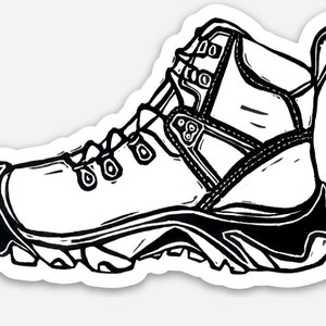 May include: Black and white line drawing of a hiking boot with laces and a thick sole.