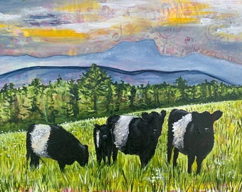 Grafika przedstawiająca krowę rasy Galloway Belted: sztuka krajobrazu Vermont