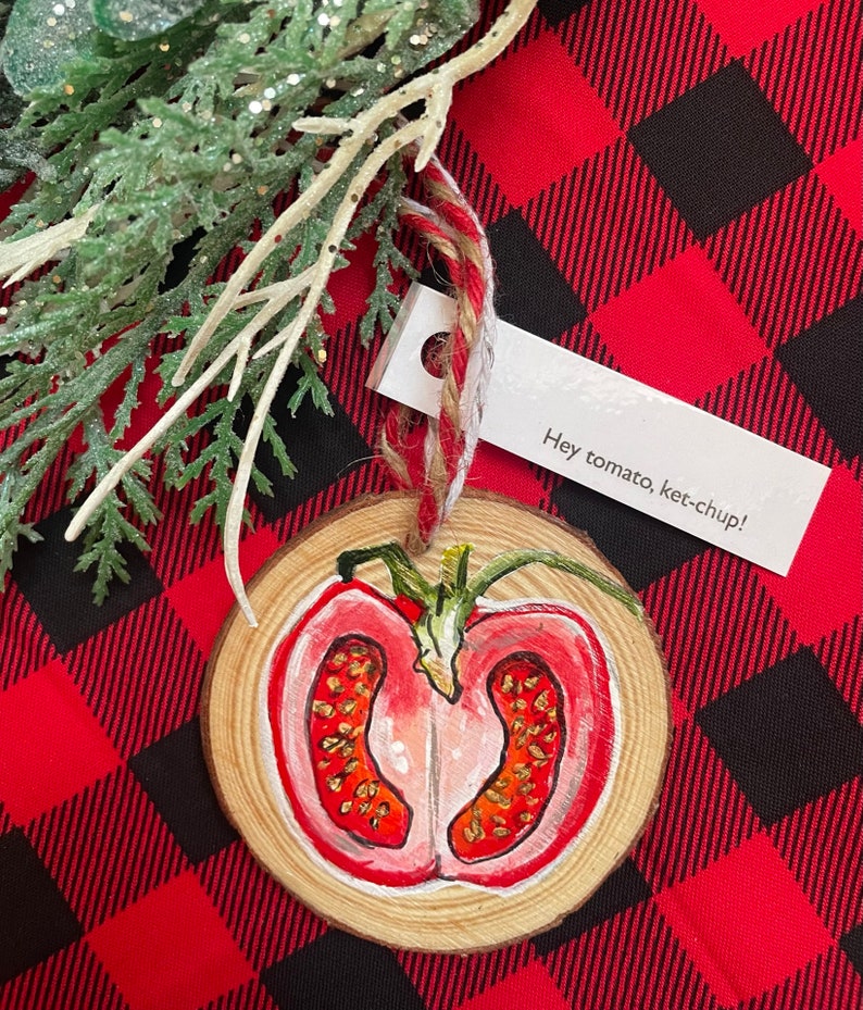 Hand painted Tomato Christmas Ornament, holdiay decor, Christmas gift, veggie, tree decoration, homemade holiday, veggie pun image 7