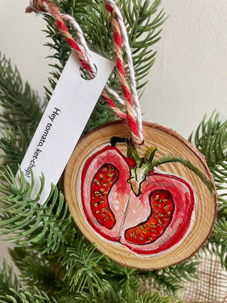 Hand painted Tomato Christmas Ornament, holdiay decor, Christmas gift, veggie, tree decoration, homemade holiday, veggie pun image 5