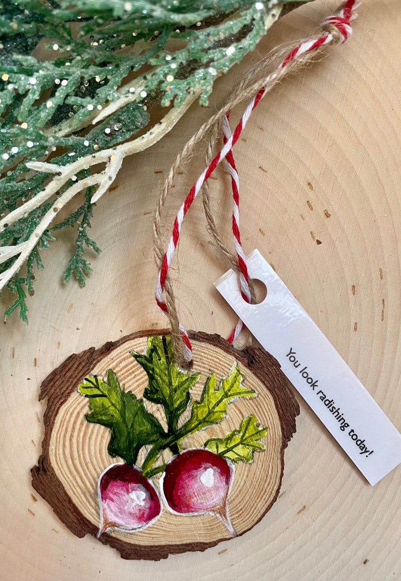 Hand painted Radish Christmas Ornament, holiday decor, Christmas gift, radishes, tree decoration, homemade holiday, pun, vermont, veggies image 1