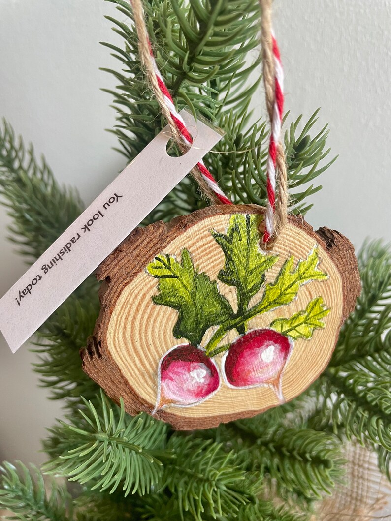 Hand painted Radish Christmas Ornament, holiday decor, Christmas gift, radishes, tree decoration, homemade holiday, pun, vermont, veggies image 3