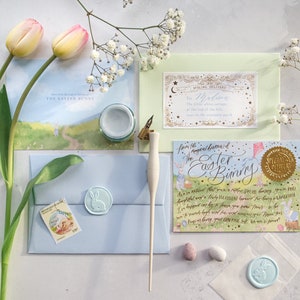 Tarjeta de felicitación de primavera personalizada de lujo con diseño de conejo de Pascua / Carta de conejo de Pascua / Rellenos para cestas de Pascua / Certificado de Pascua