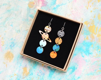 Solar System sustainable wooden chandelier dangle earrings. Eco-friendly birch plywood jewelry. Finnish design. Universe cosmic galaxy