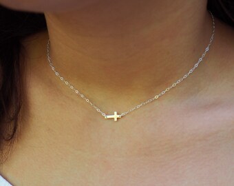 Sterling Silver CROSS Necklace • Dainty Cross Necklace •  Centered Cross Necklace • Sterling Silver Sideways Cross Necklace