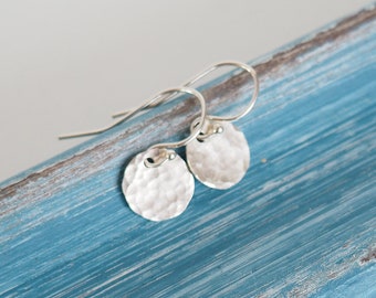 Sterling Silver HAMMERED DISC Earrings • Handmade Earrings • Minimalist Earrings • Dangle Earrings • Gift for Women • Mother's Day Gift