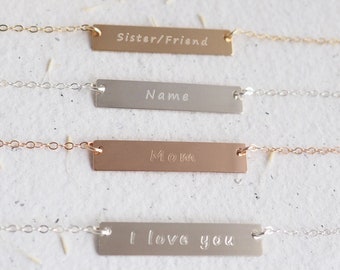 DOUBLE SIDED "I Love You/Name, Mom, Sister, Friend" Bar Necklace in Sterling Silver, Gold Filled or Rose Gold Filled • Reversible Necklace