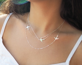 FLYING BIRDS Necklace in Sterling Silver, Gold Filled, Rose Gold Vermeil • Three Birds Necklace • Layered Necklace Set • Mothers Gift