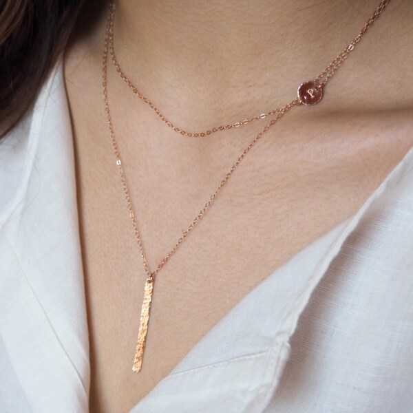 SIDEWAYS INITIAL and BAR Necklaces in Sterling Silver, Gold Filled or Rose Gold Filled • Set Of Two Necklaces • Sideways Initial Necklace