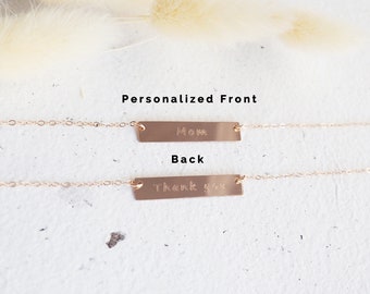 DOUBLE SIDED "Personalized/Thank You" Bar Necklace in Sterling Silver, Gold Filled or Rose Gold Filled • Reversible Necklace • Gift for Her