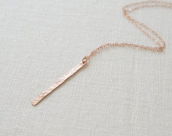 Rose Gold VERTICAL HAMMERED BAR Necklace • Rose Gold Hammered Bar Necklace • Long Rose Gold Necklace • Rose Gold Filled Necklace