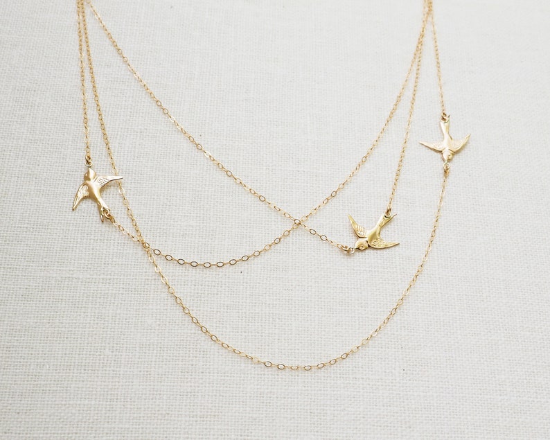 FLYING BIRDS Necklace in Sterling Silver, Gold Filled, Rose Gold Vermeil Three Birds Necklace Layered Necklace Set Mothers Gift image 5