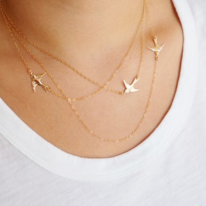 FLYING BIRDS ketting in sterling zilver, goud gevuld, roségoud vermeil drie vogels ketting gelaagde ketting set moeders geschenk afbeelding 3