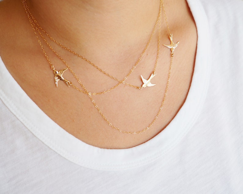 FLYING BIRDS Necklace in Sterling Silver, Gold Filled, Rose Gold Vermeil Three Birds Necklace Layered Necklace Set Mothers Gift image 3