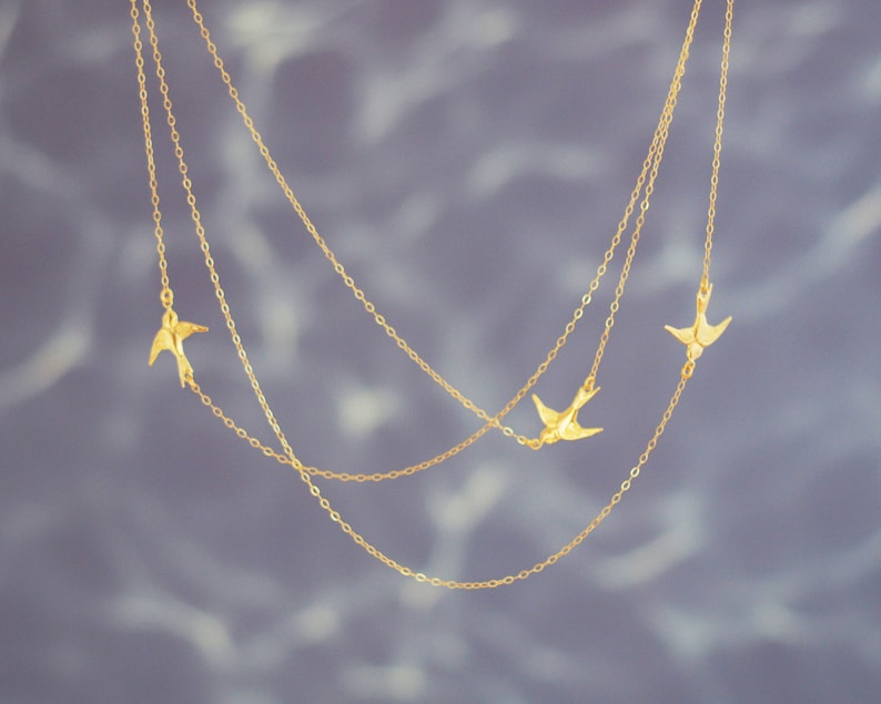 FLYING BIRDS Necklace in Sterling Silver, Gold Filled, Rose Gold Vermeil Three Birds Necklace Layered Necklace Set Mothers Gift image 4