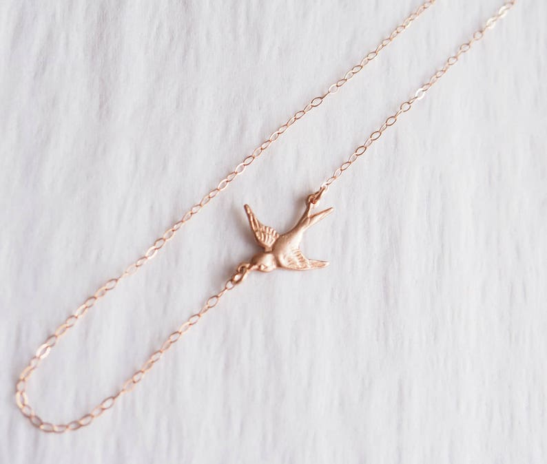 SIDEWAYS BIRD Necklace in Sterling Silver, Gold or Rose Gold Delicate Bird Necklace Birds Lover Gift image 2