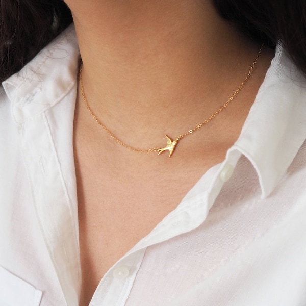 SIDEWAYS BIRD Necklace in Sterling Silver, Gold or Rose Gold • Dainty Bird Necklace • Bird Lover Gift • Sterling Silver Bird Necklace