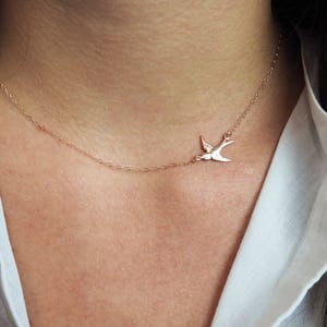 SIDEWAYS BIRD Necklace in Sterling Silver, Gold or Rose Gold Delicate Bird Necklace Birds Lover Gift image 4