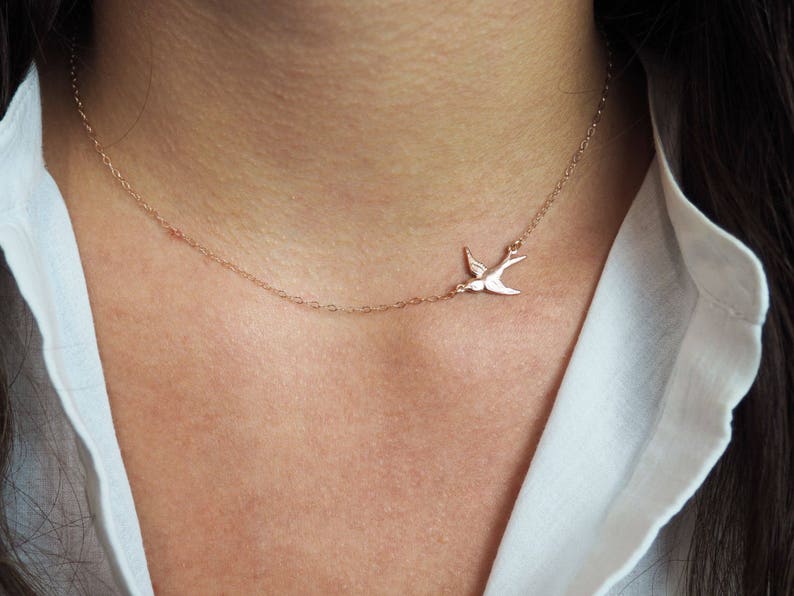 SIDEWAYS BIRD Necklace in Sterling Silver, Gold or Rose Gold Delicate Bird Necklace Birds Lover Gift image 4